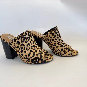 Steve Madden Leopard Calf Hair Open-Toed Mules